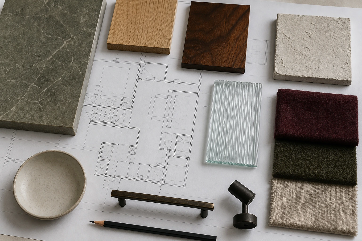 Architectural plan with coordinated stone, timber, glass, textile and hardware samples