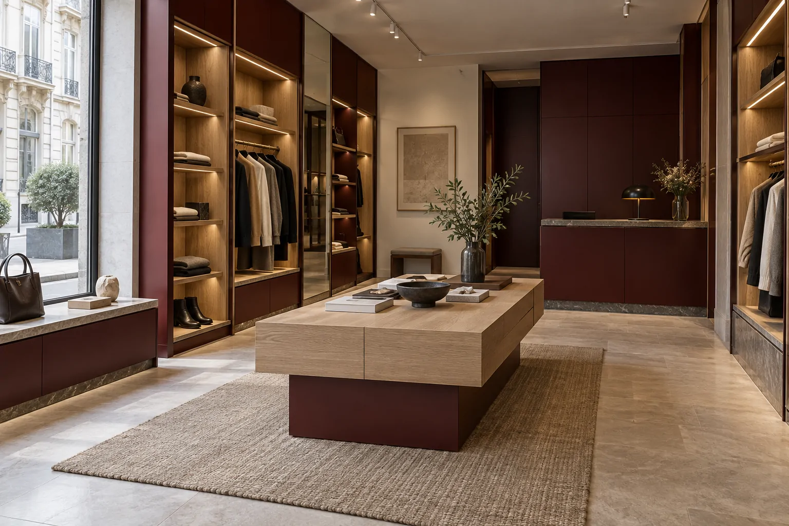 Boutique bruxelloise avec agencement sur mesure en chêne et laque bordeaux, présentoir central et rangements éclairés
