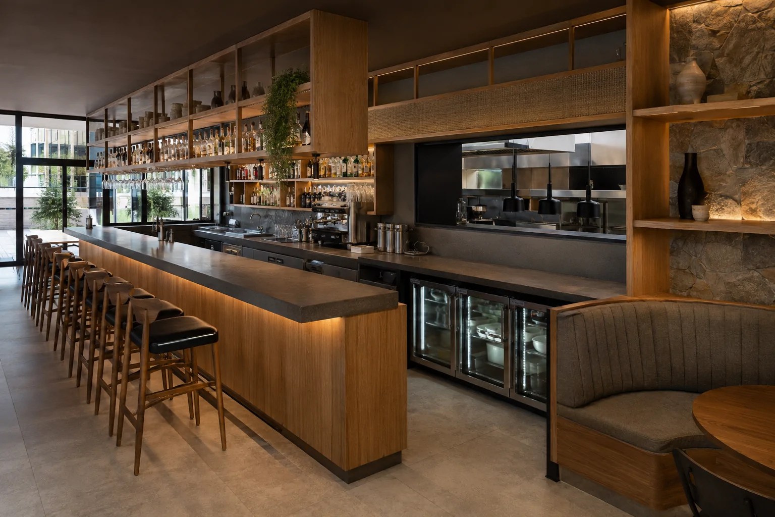 Barra de restaurante contemporáneo en Bogotá con carpintería a medida, equipos bajo mostrador, paso de servicio y banco tapizado