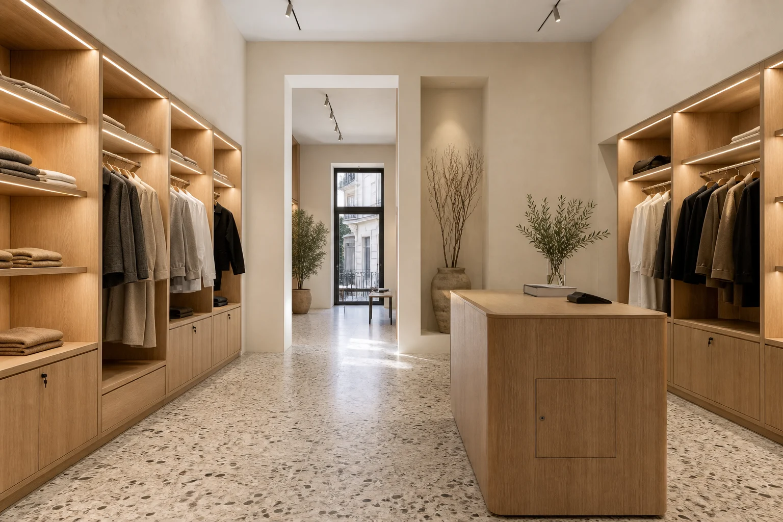 Tienda contemporánea en Madrid con carpintería comercial de roble, expositores iluminados y mostrador de servicio