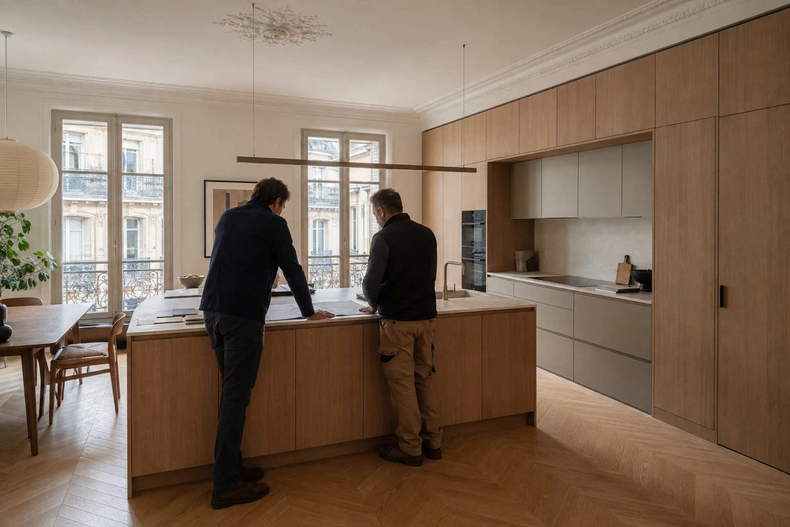 Architecte et fabricant examinant des plans devant un agencement de cuisine sur mesure dans un appartement français