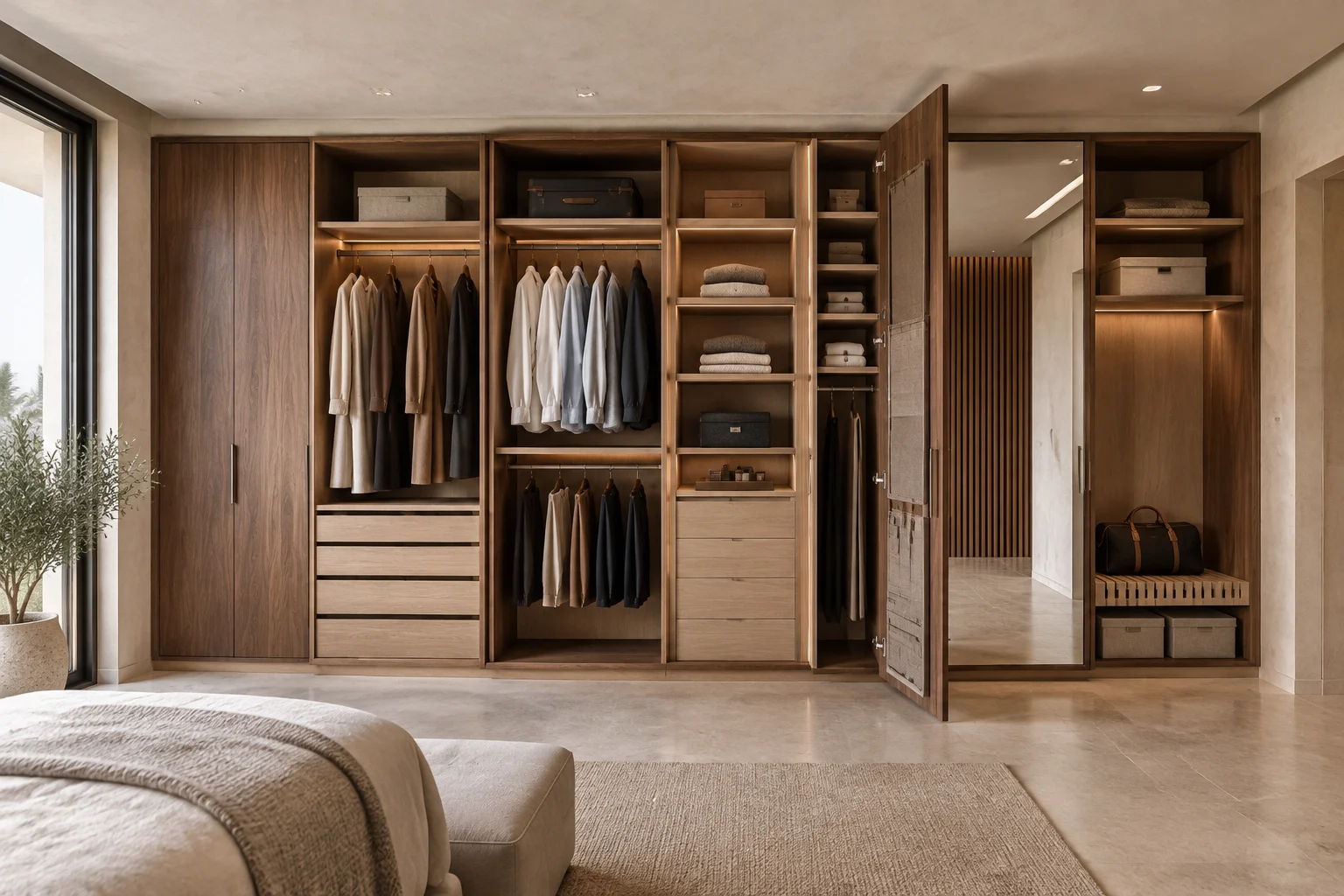 Dressing sur mesure dans une villa au Maroc avec penderies, tiroirs, banc à bagages et éclairage intégré