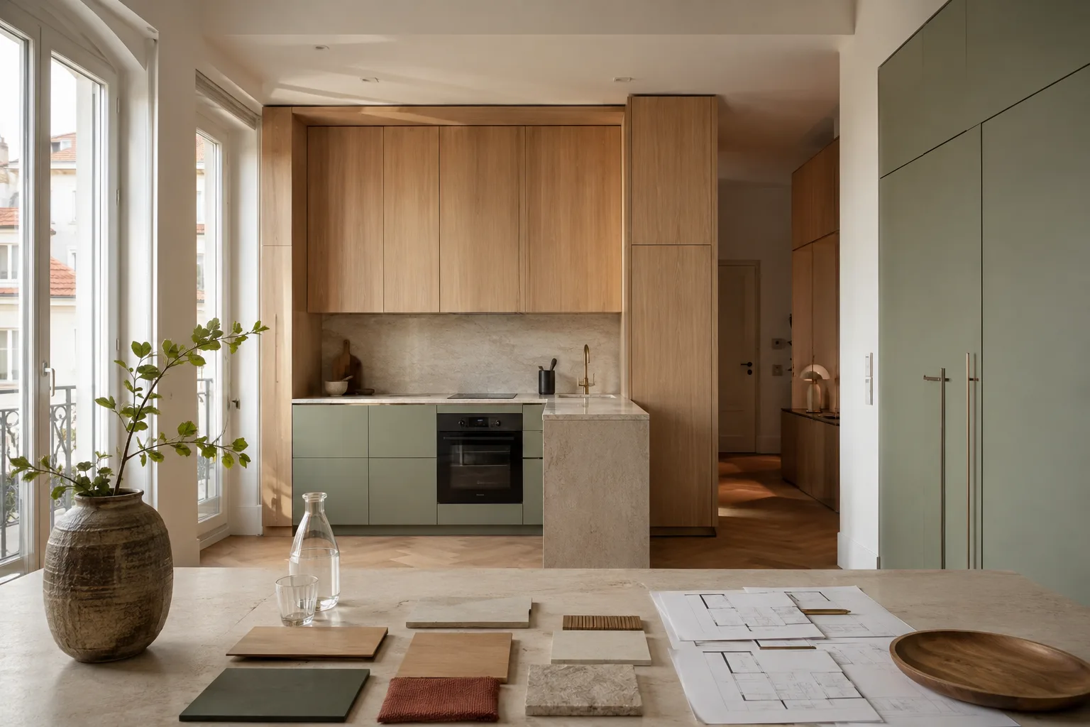 Apartamento contemporâneo em Portugal com cozinha e roupeiros por medida em carvalho claro, frentes verde mineral, bancada de pedra e plantas de projeto