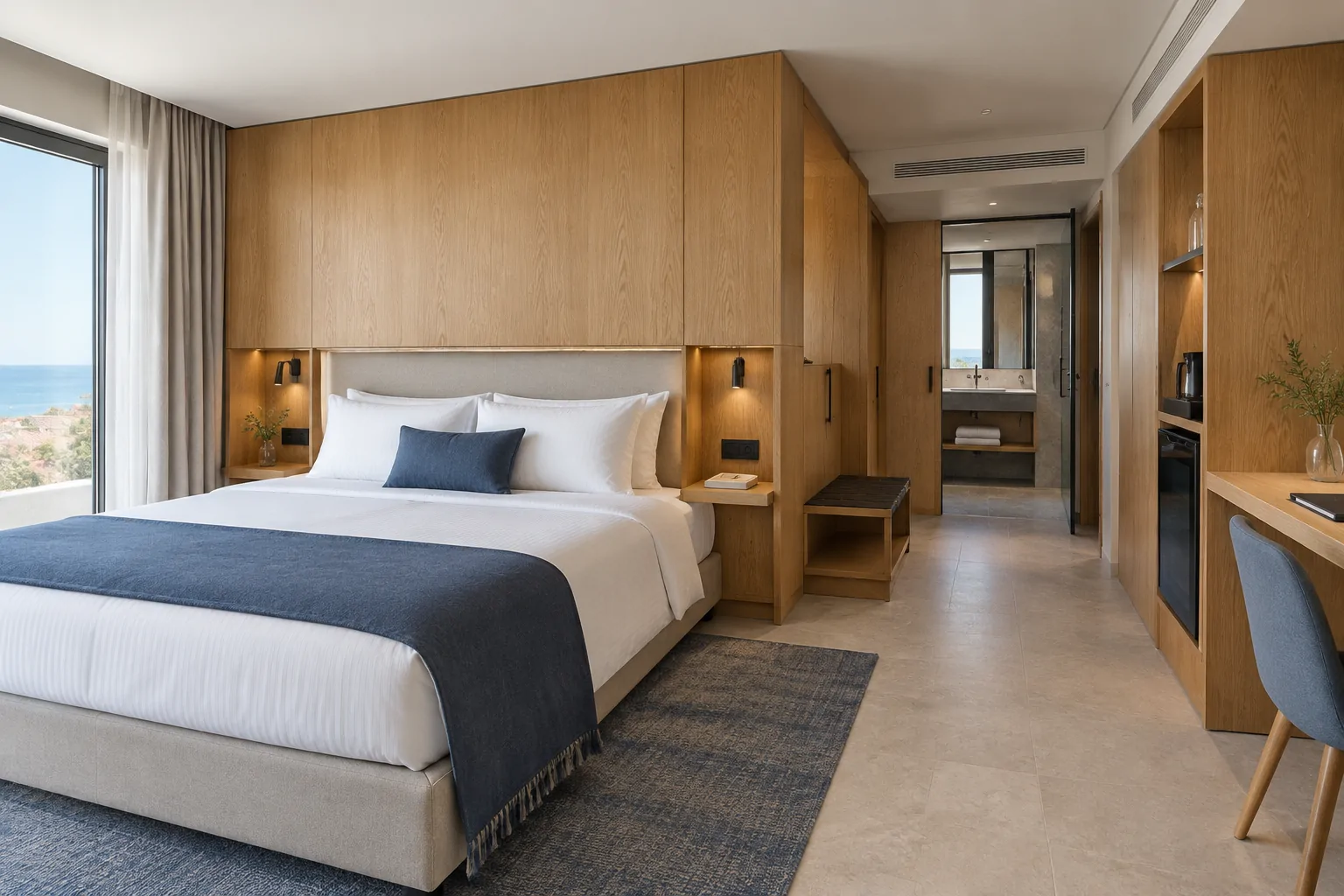 Quarto de hotel contemporâneo em Portugal com cabeceira, roupeiro, banco de bagagem, secretária e mobiliário integrado