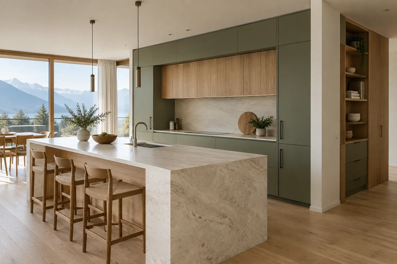 Cuisine d'appartement en Suisse romande avec façades vert sauge, placage chêne et îlot en pierre claire