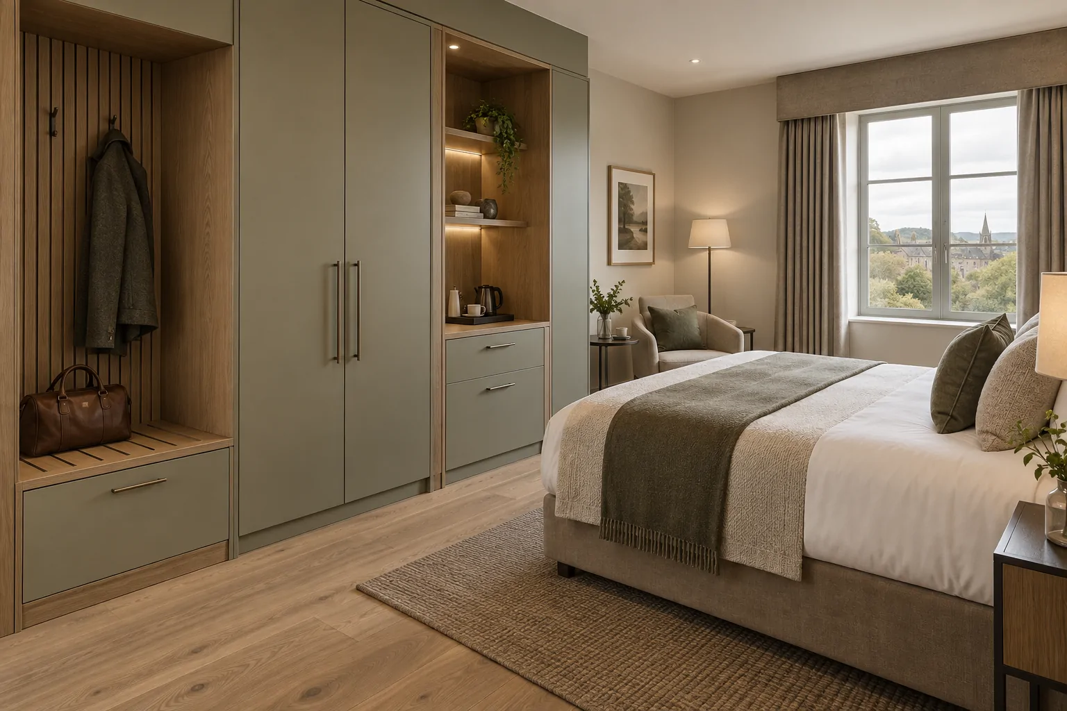UK hotel bedroom with bespoke fitted wardrobe, luggage bench and oak-lined open shelving