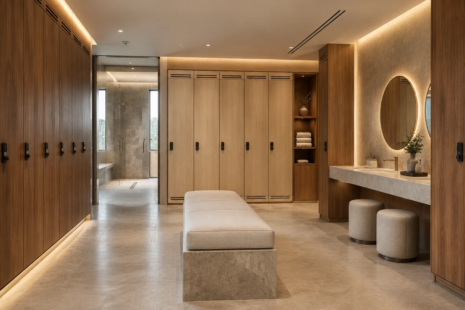 Современная раздевалка гостиничного SPA в Узбекистане со шкафчиками, скамьёй и встроенным туалетным столиком