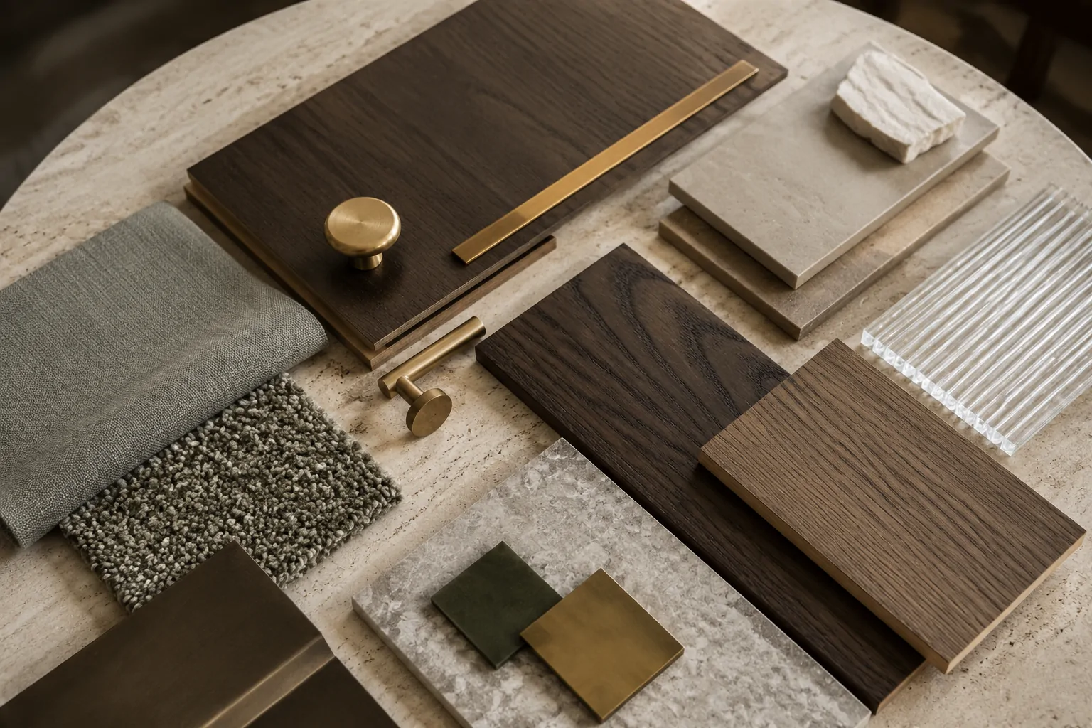Cabinetry plans with coordinated stone, timber, glass and hardware samples