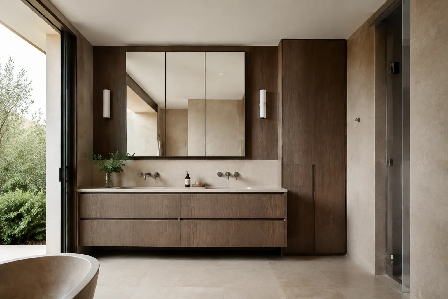 Honed stone bathroom vanity with integrated storage and aged bronze fittings
