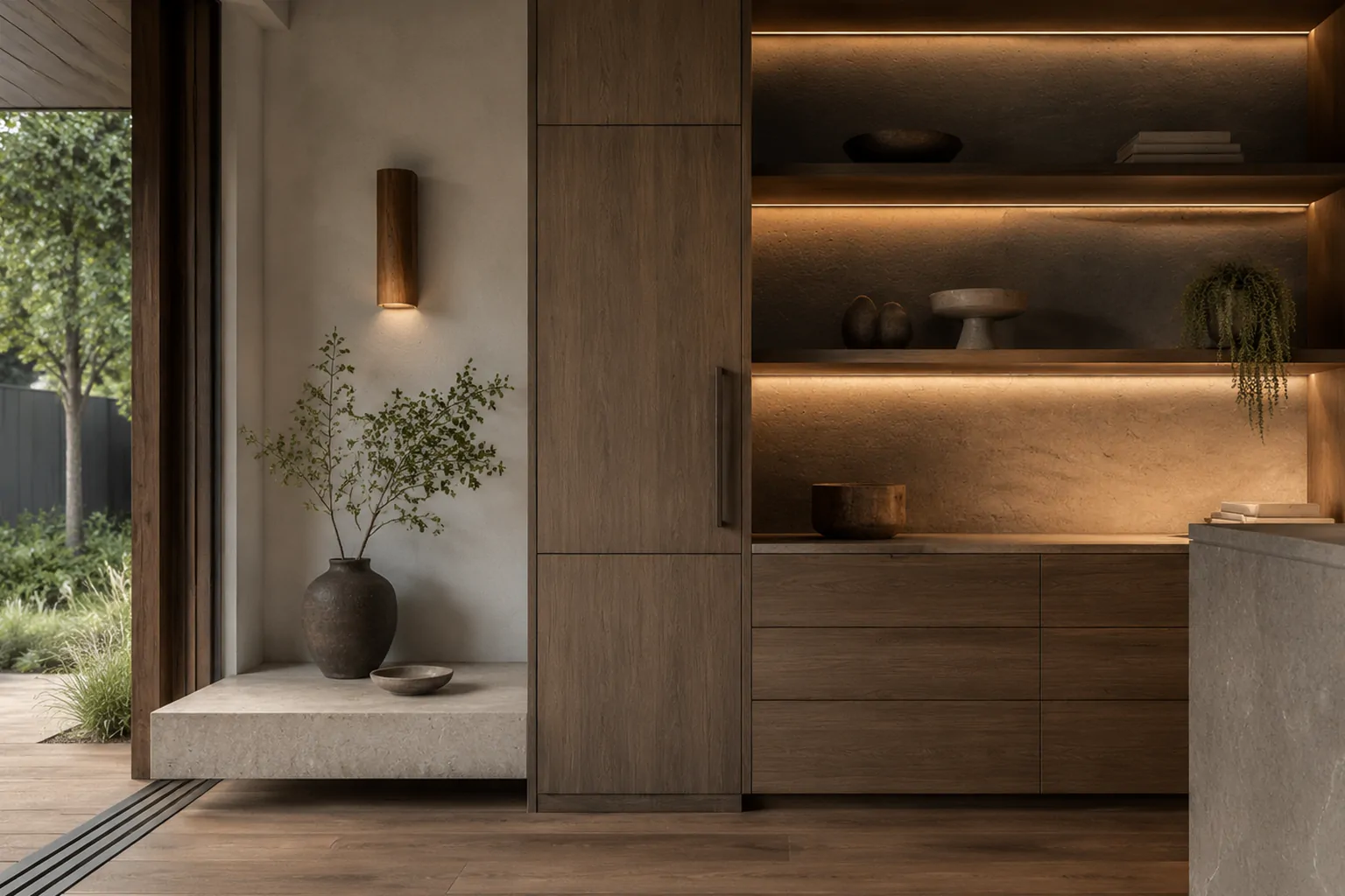 Warm integrated lighting beside tailored walnut built-in joinery