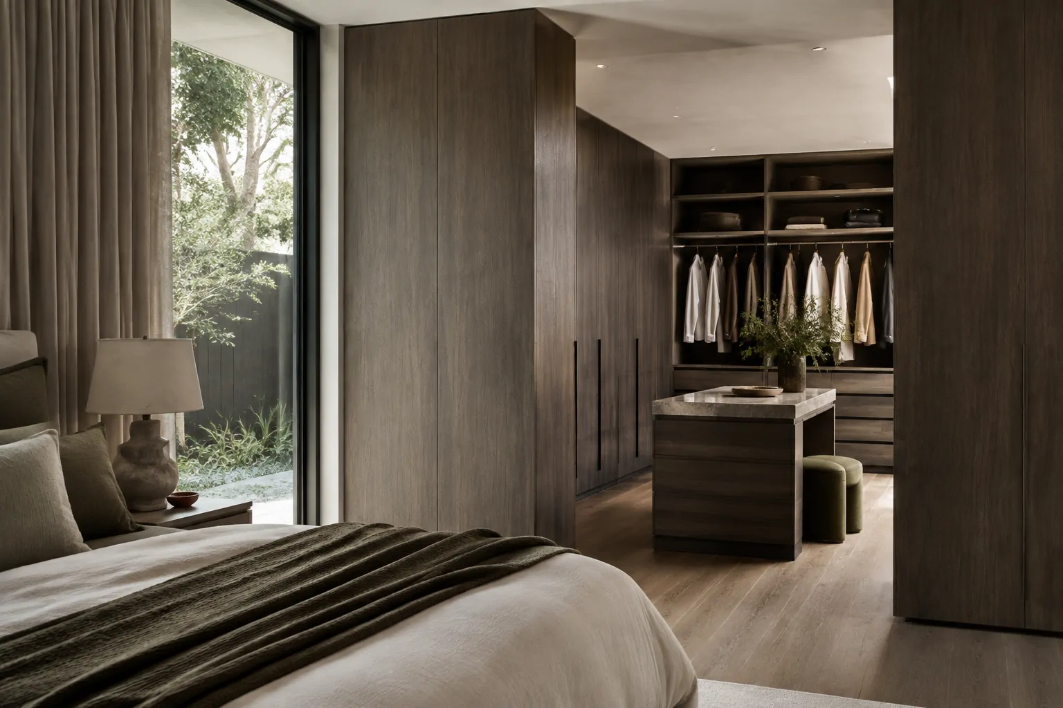 Bedroom with aubergine fitted wardrobes and an open dressing area