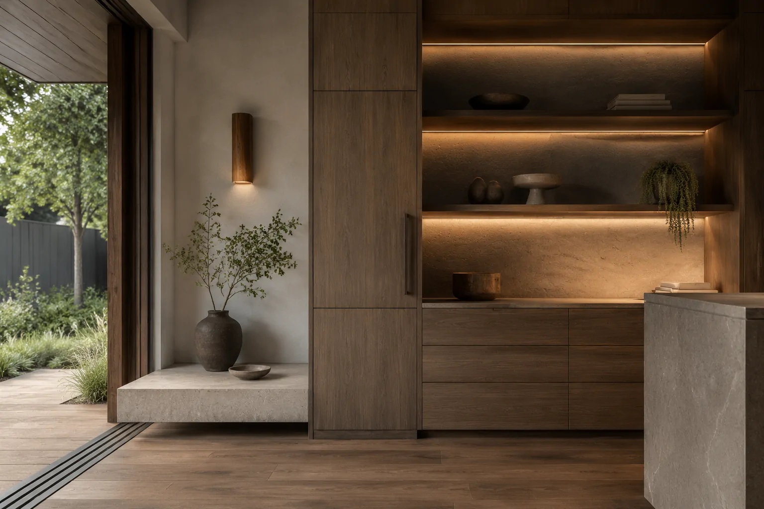Tailored hospitality suite with dark walnut, fluted glass and an oxblood lounge chair