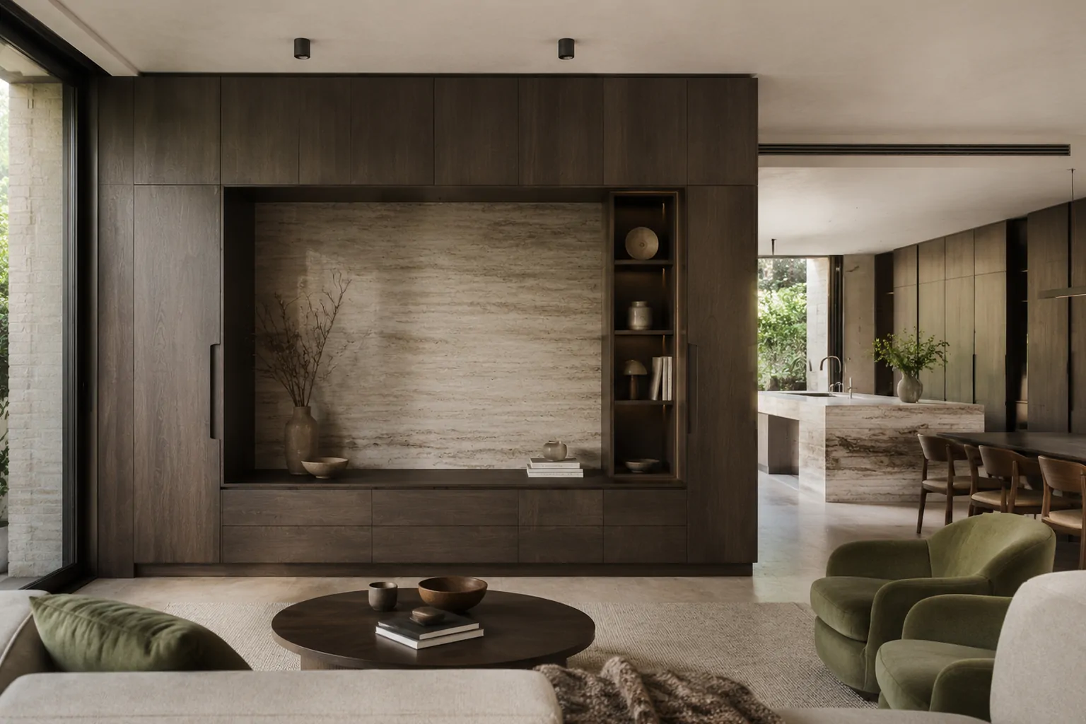 Architectural interior opening to a pool terrace through full-height glazing