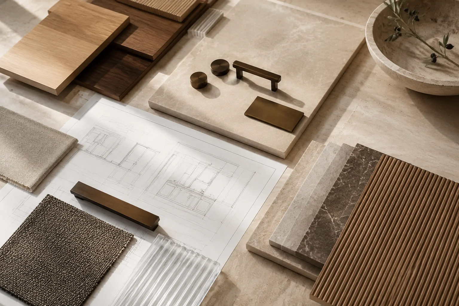 Planos de gabinetes con muestras coordinadas de piedra, madera, vidrio y herrajes.