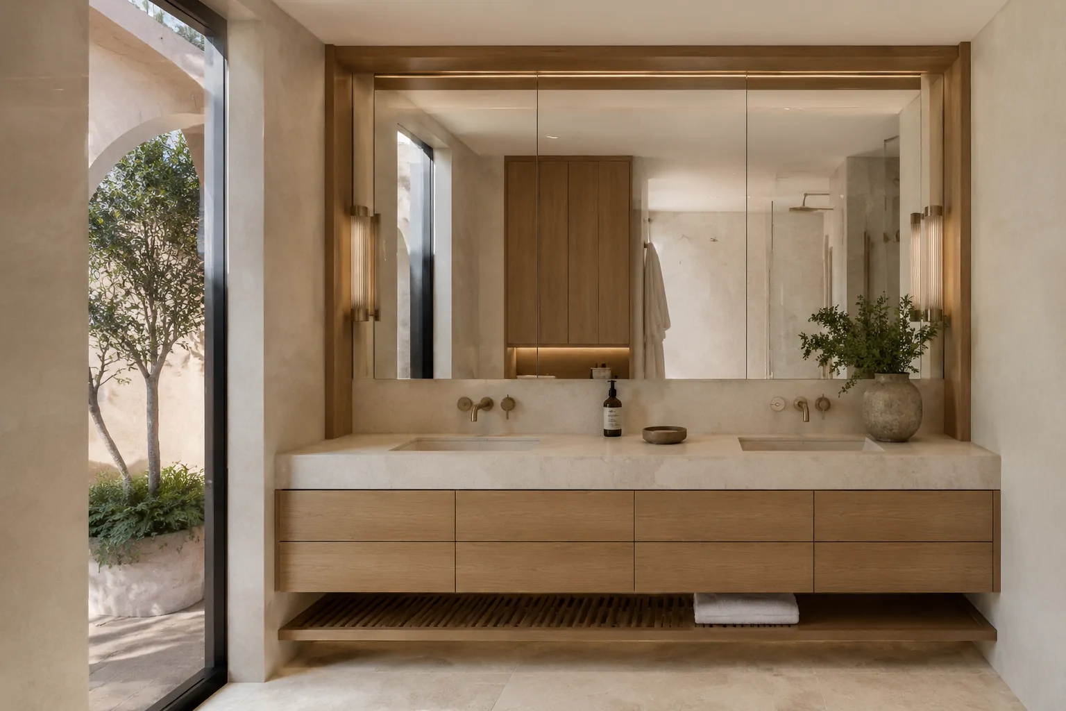 Mueble de baño de piedra pulida con almacenaje integrado y accesorios de bronce envejecido