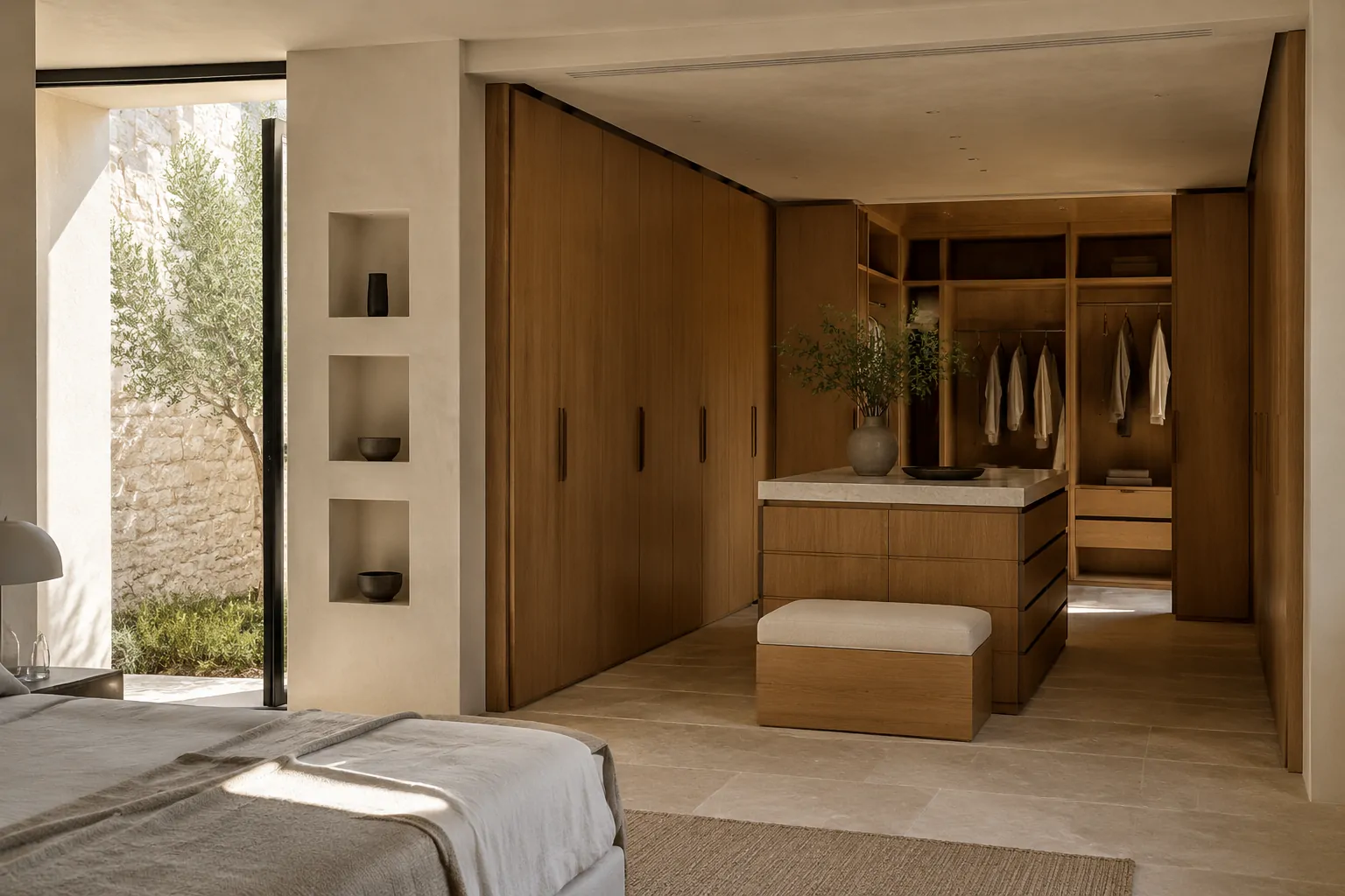Dormitorio con armarios empotrados color berenjena y vestidor abierto.