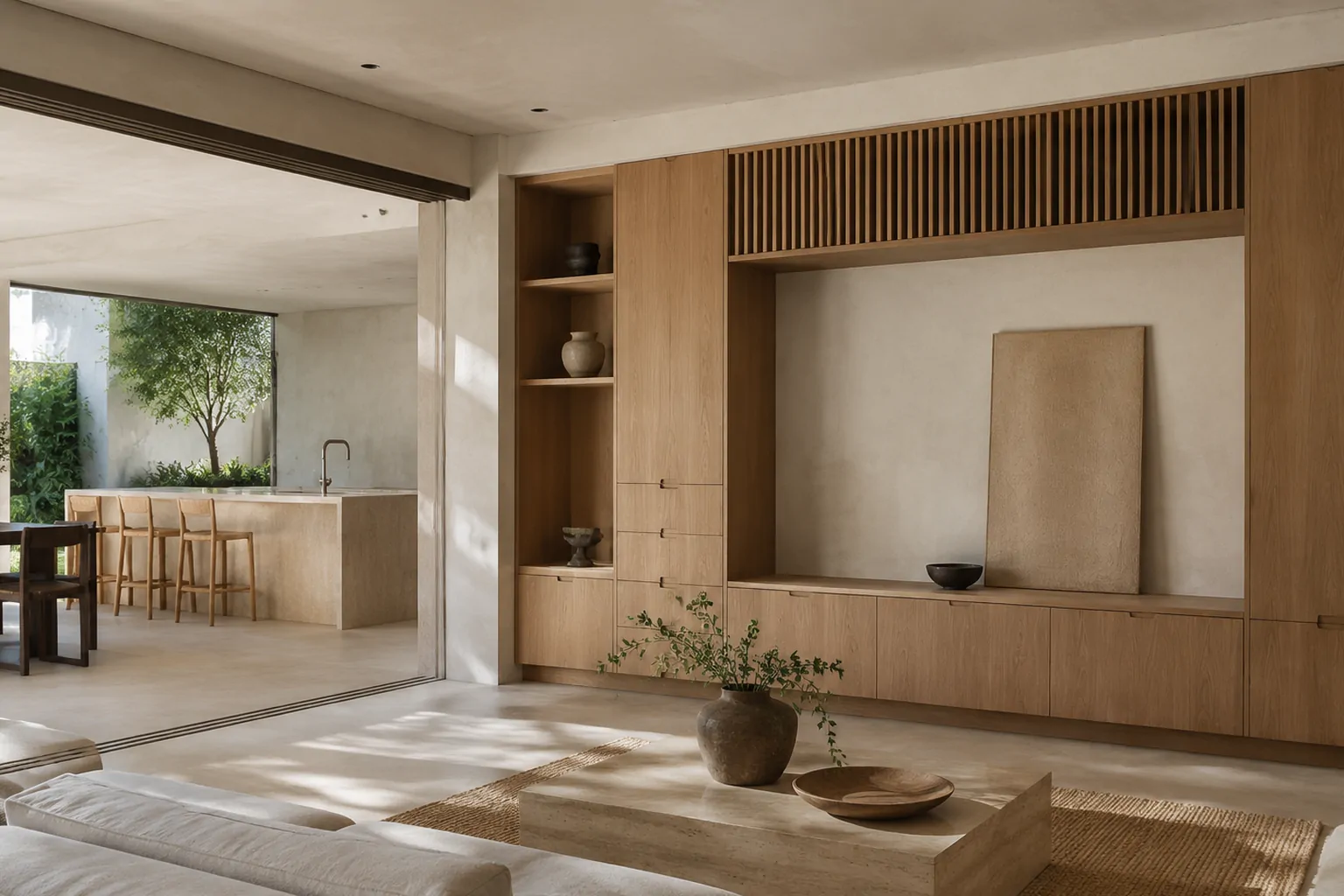 Interior arquitectónico que se abre a la terraza de la piscina a través de un acristalamiento de altura completa.