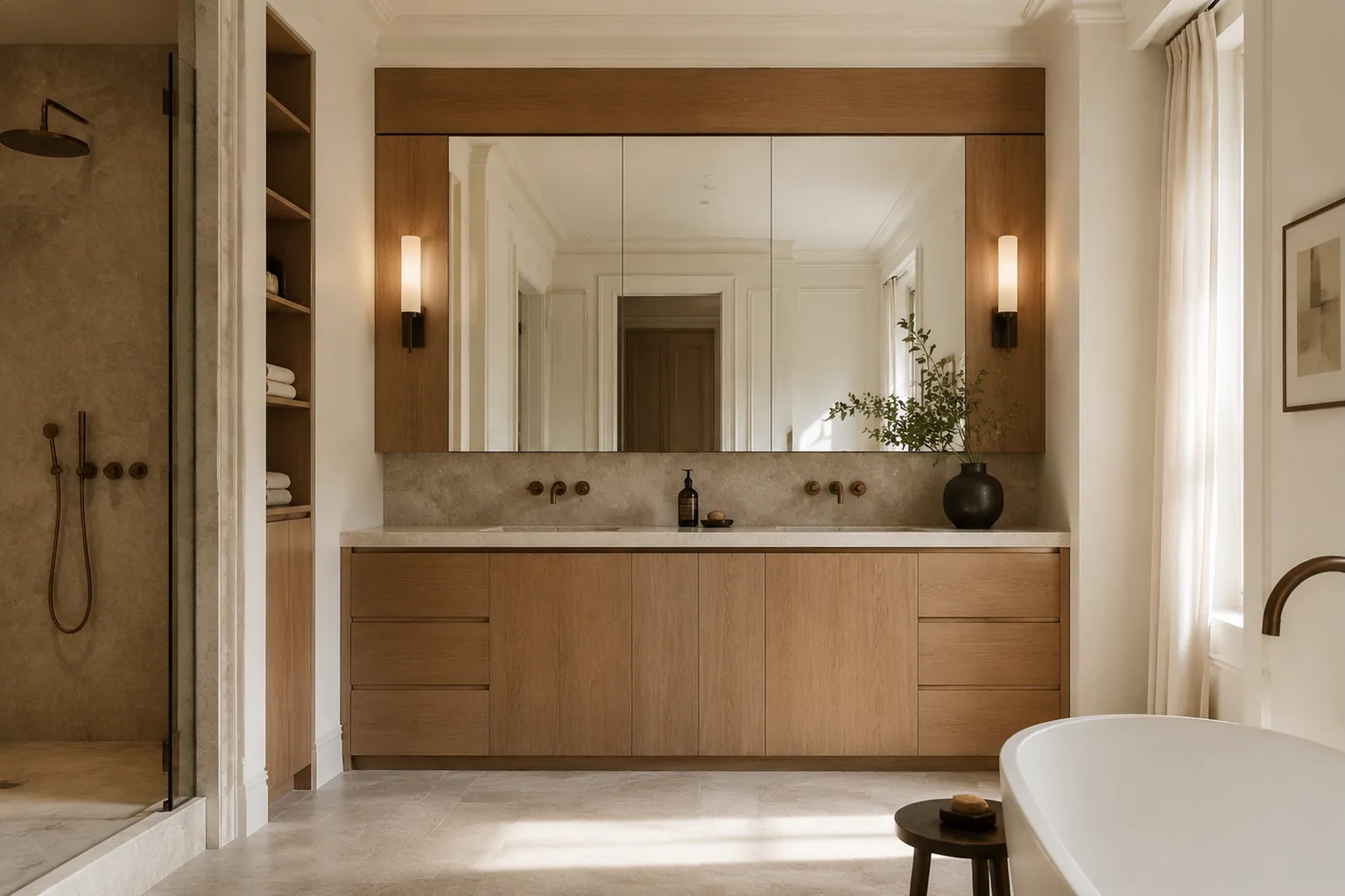 Meuble de salle de bain en pierre aiguisée avec rangements intégrés et robinetterie en bronze vieilli