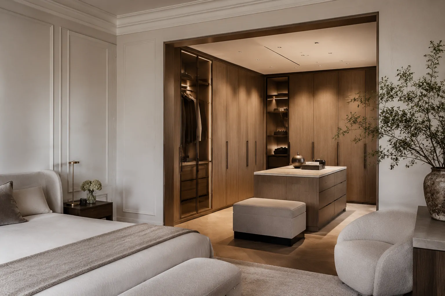 Chambre avec placards aubergine et dressing ouvert