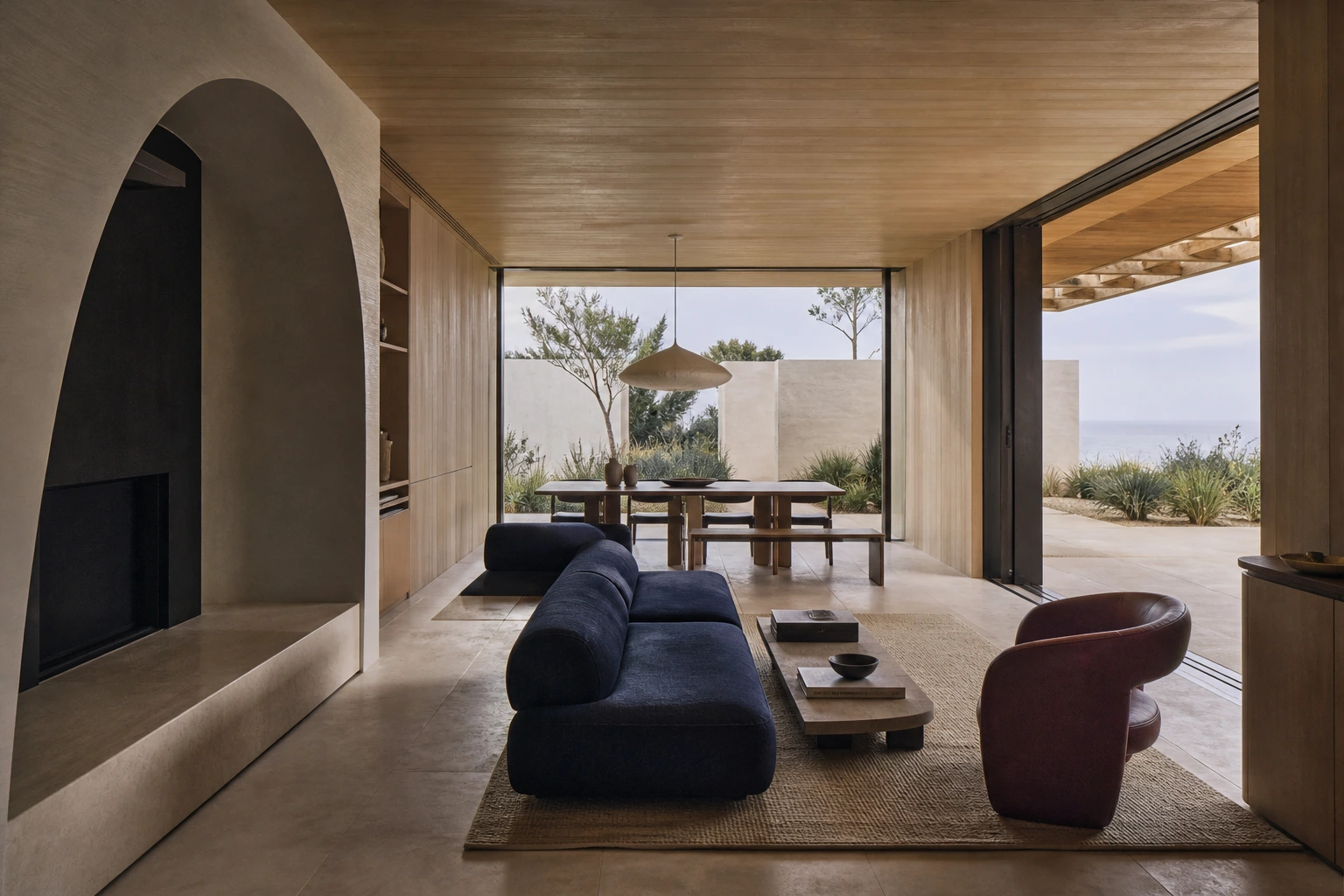 Coastal pavilion living room with sculptural fireplace, ink-blue seating and a framed garden view